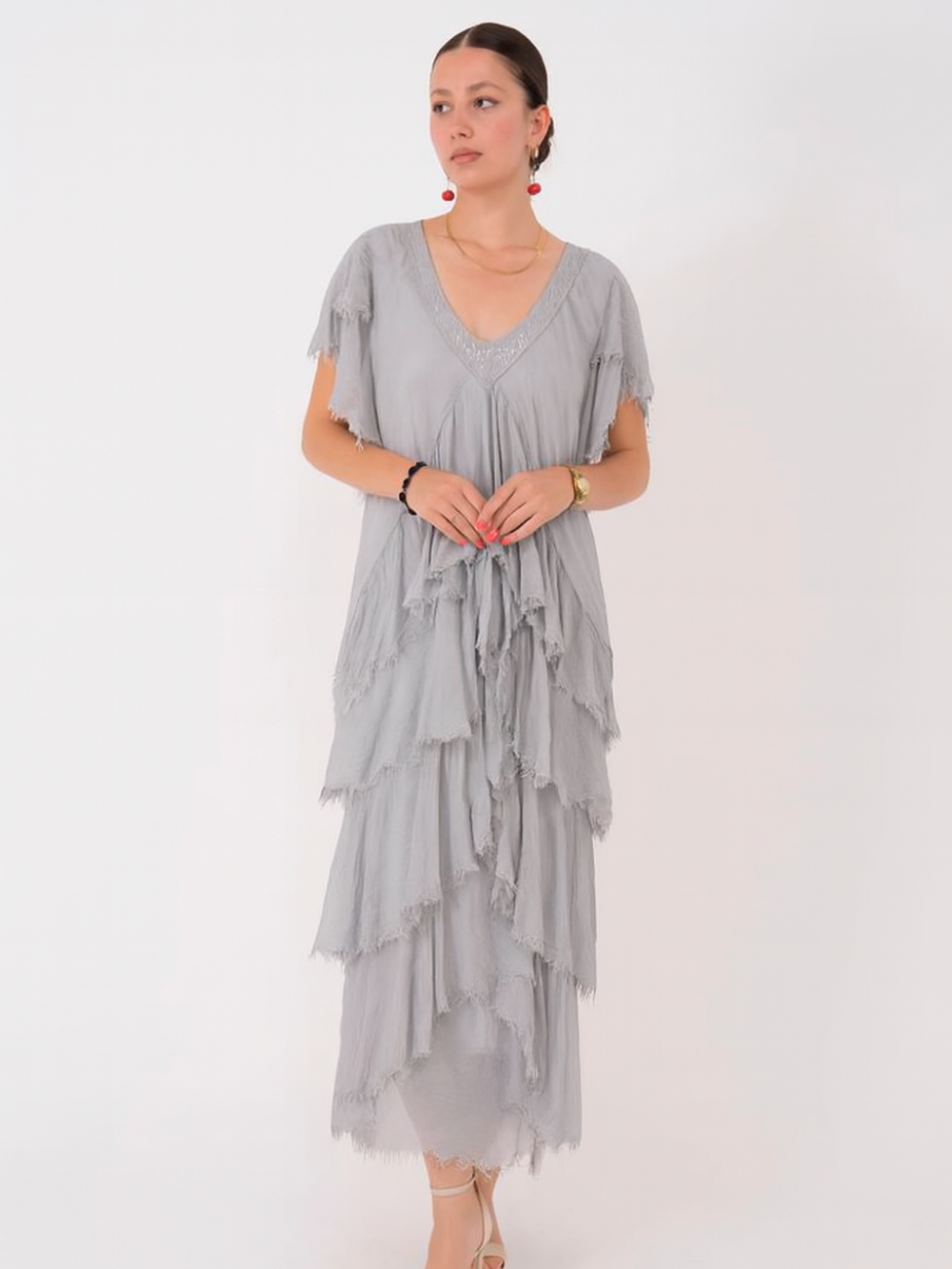 Vestido Largo en Capas Escote en V