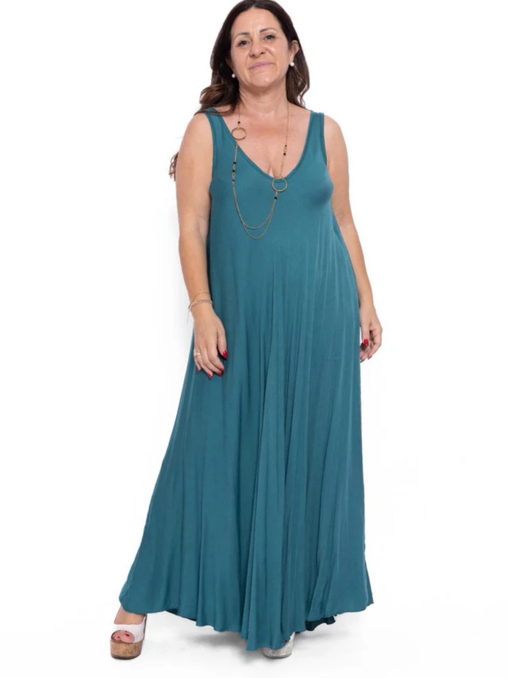 Vestido largo sin mangas elástico con corte fluido