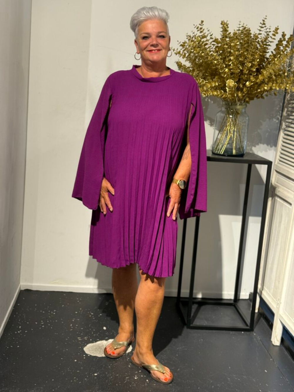 Vestido Plisado Zilam Manga Abierta