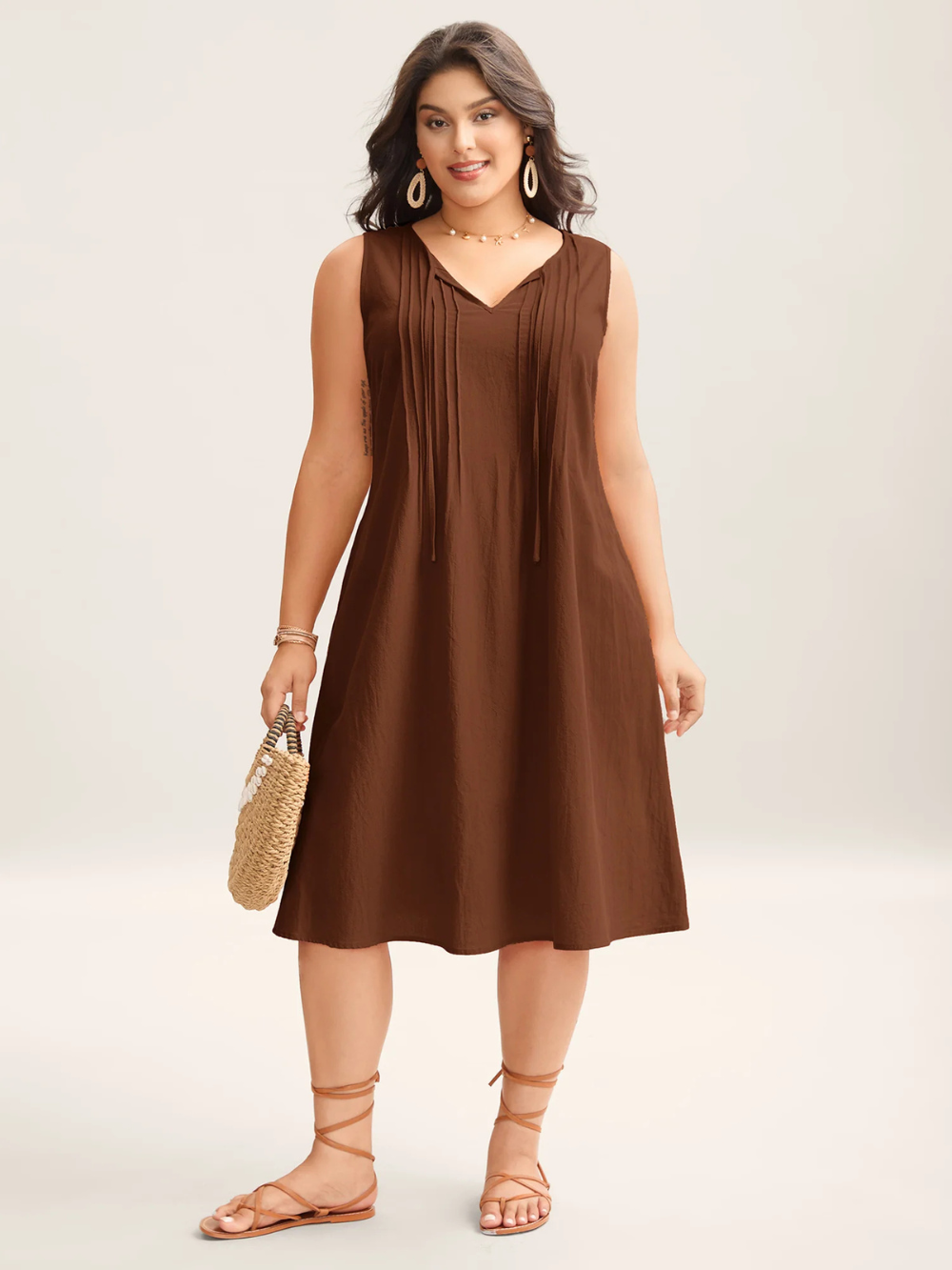 Vestido midi liso de algodón con pliegues