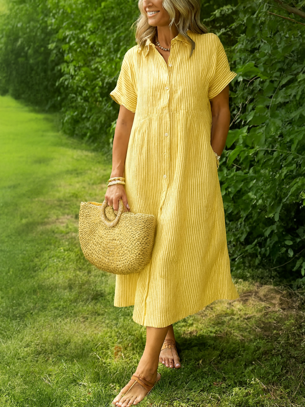 Vestido Camisero de Rayas con Solapa y Bolsillos