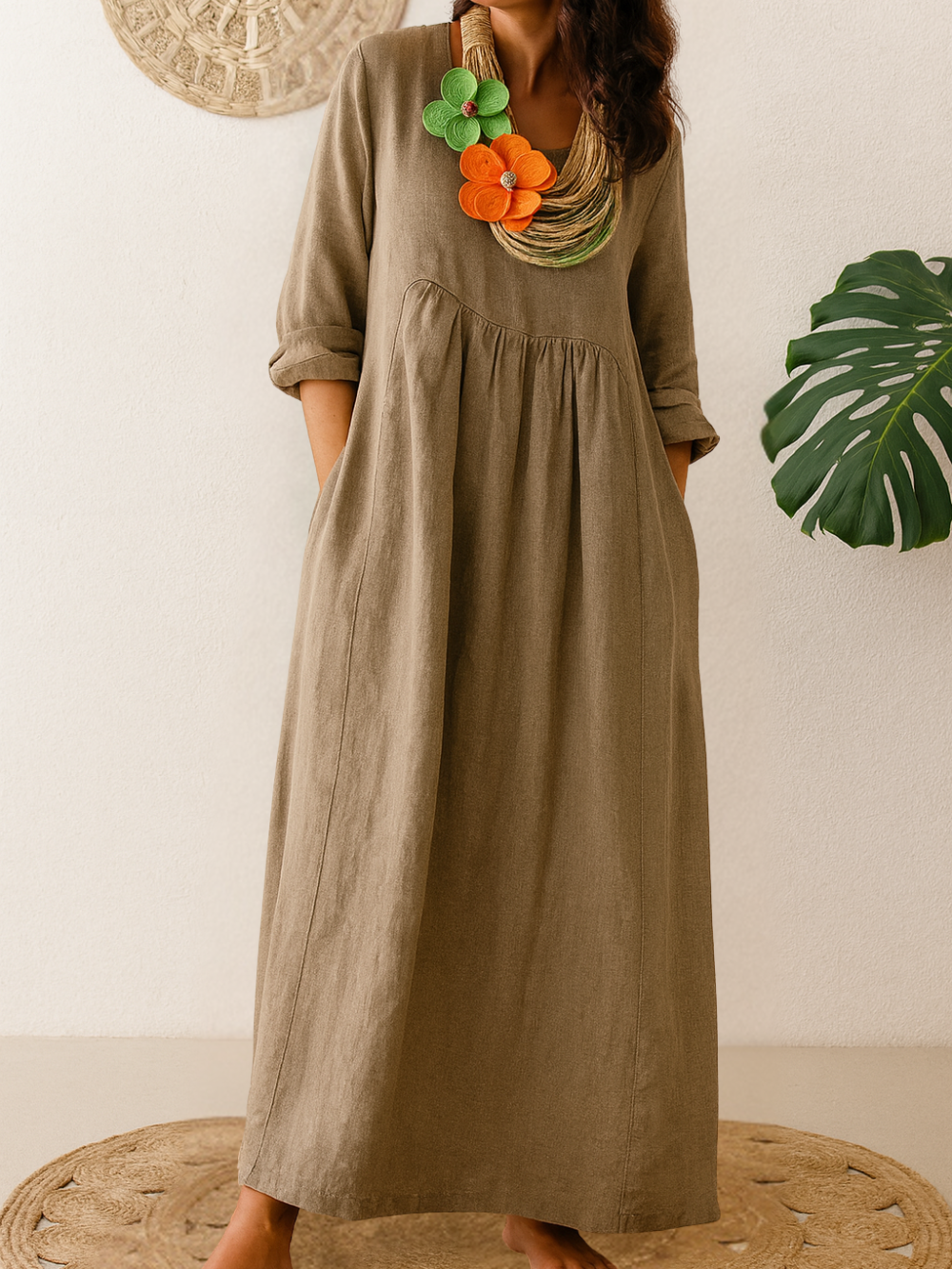 Vestido Largo de Cuello Redondo con Bolsillos (Oferta 2X1)