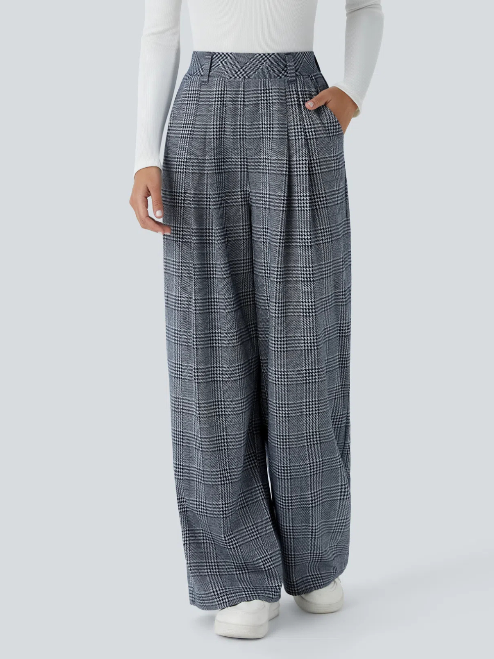 Pantalón tiro alto bolsillo lateral pierna ancha estampado pata gallo