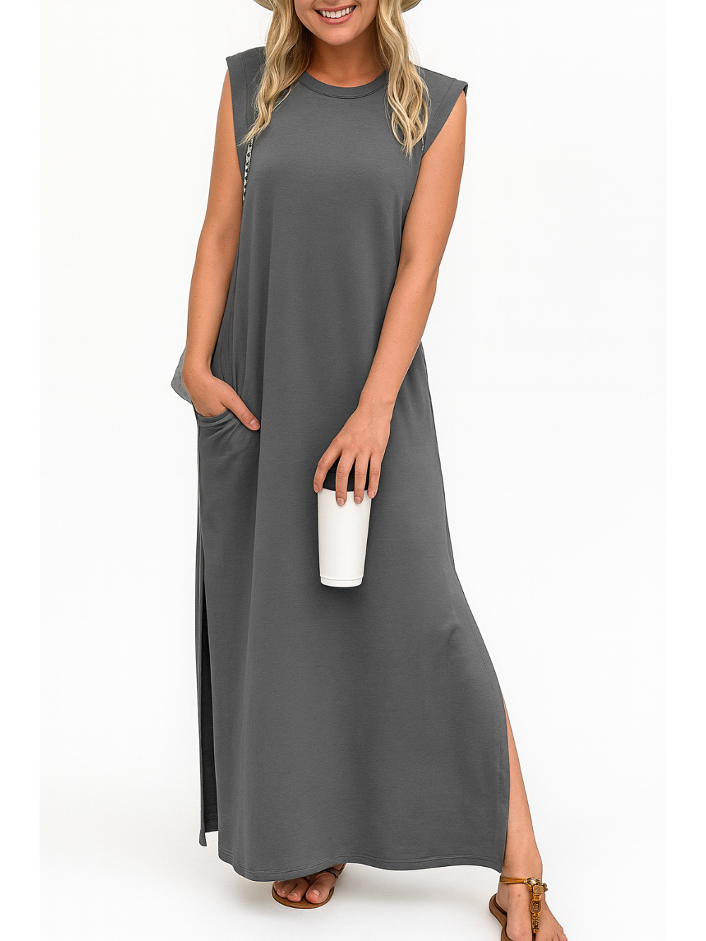 Vestido Largo con Bolsillos y Aberturas laterales