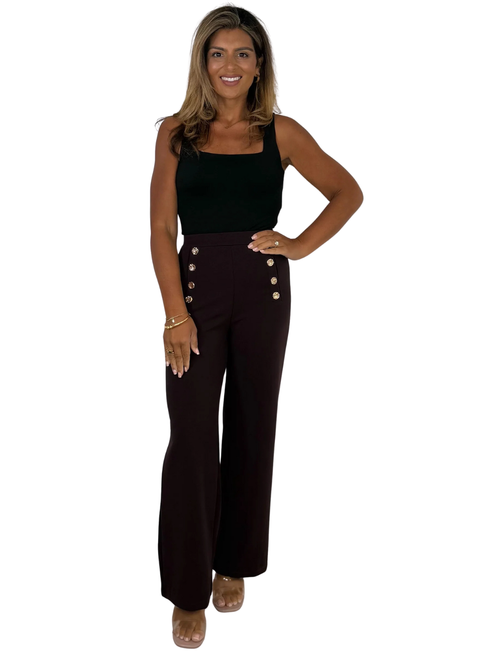 Pantalón recto con botones delanteros dorados