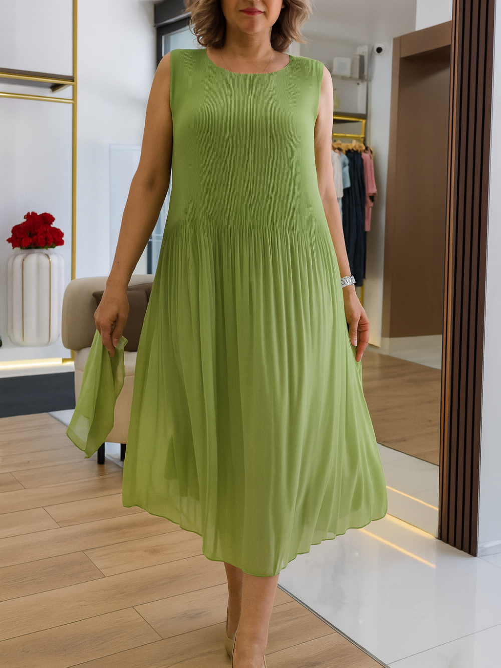 Vestido Plisado Mangas Desmontables