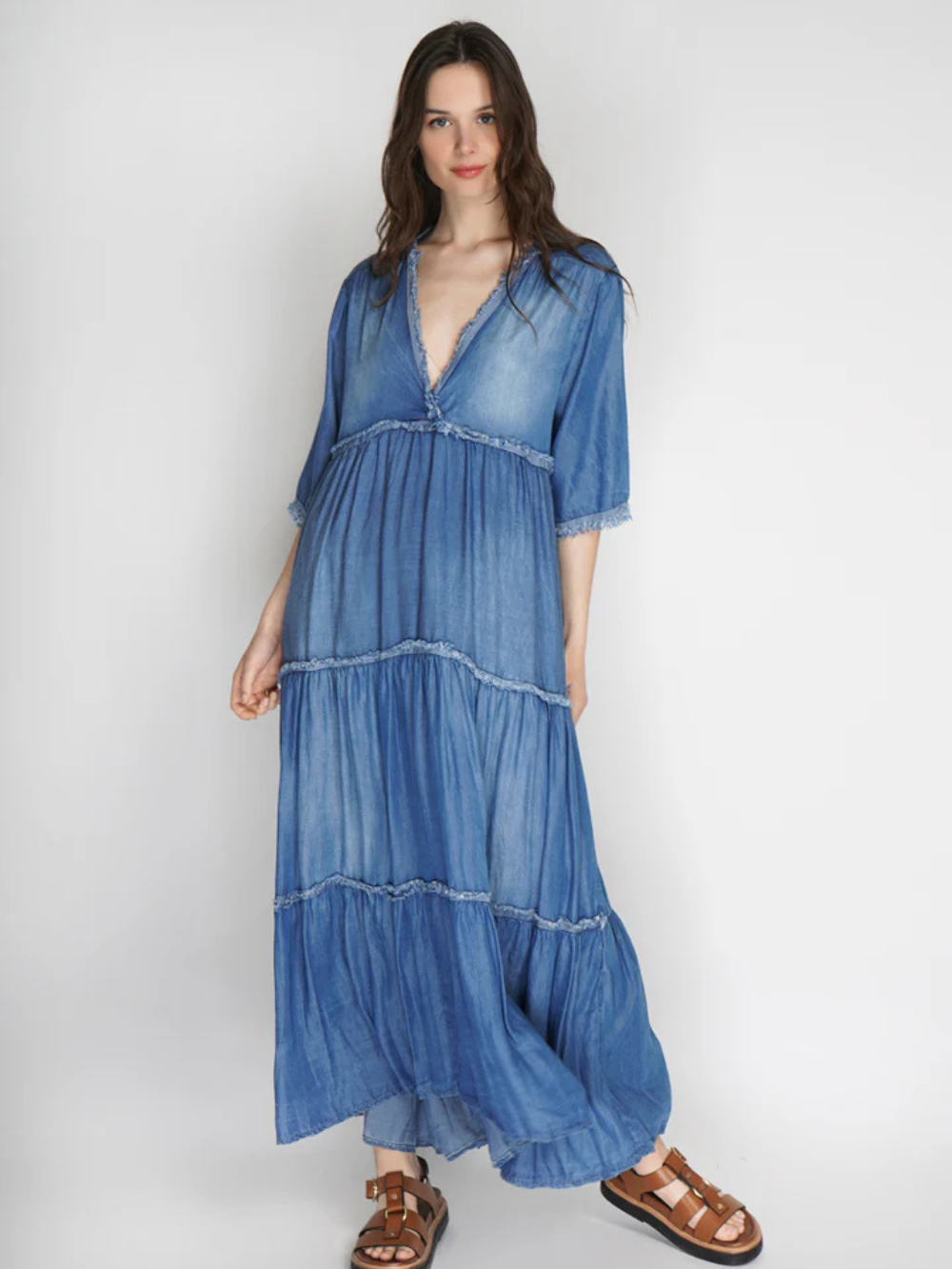 Vestido Largo Denim Mangas 3/4
