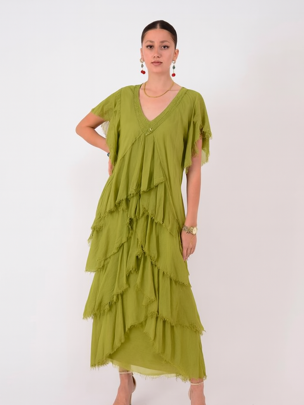 Vestido Largo en Capas Escote en V