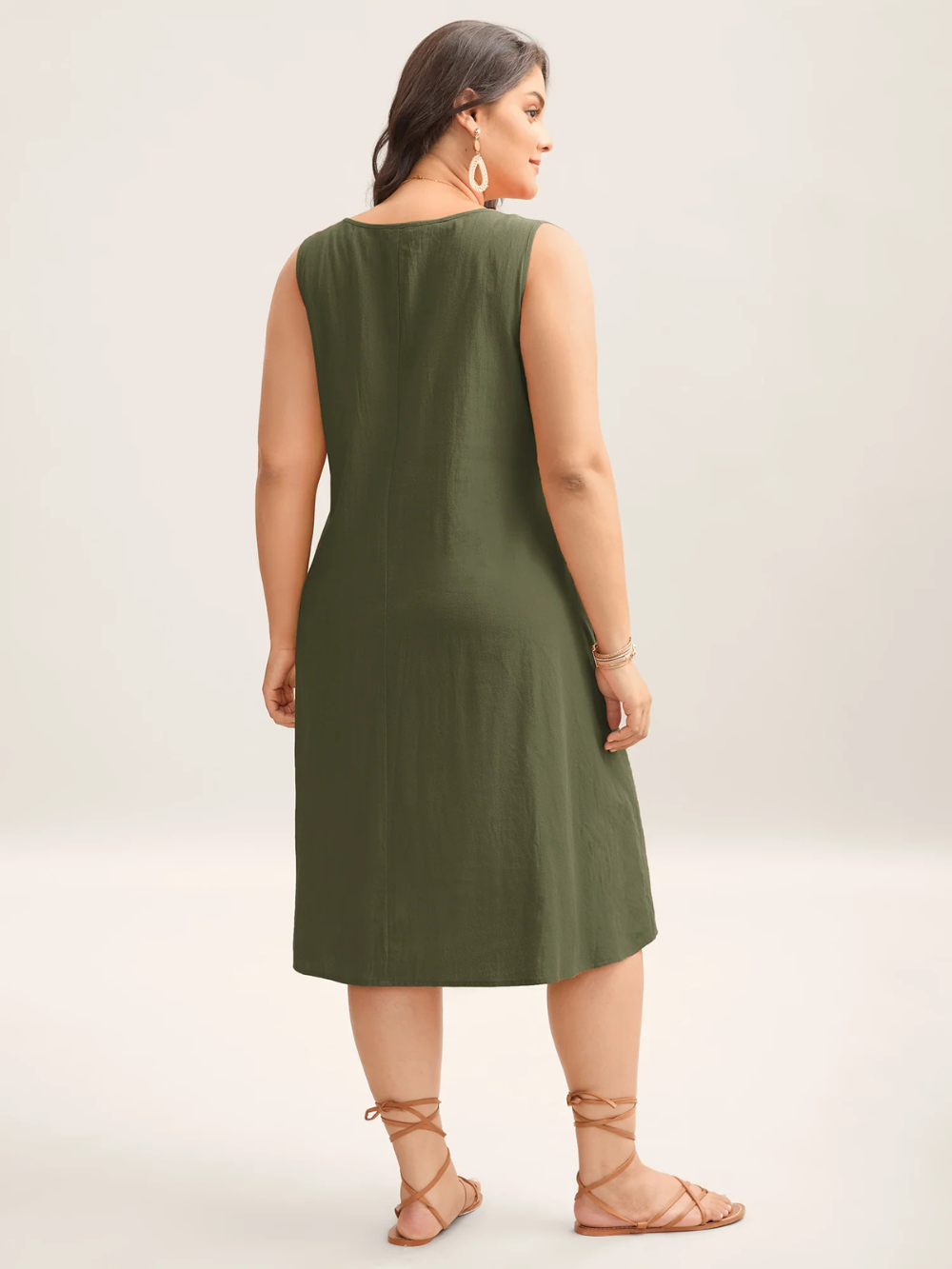 Vestido midi liso de algodón con pliegues