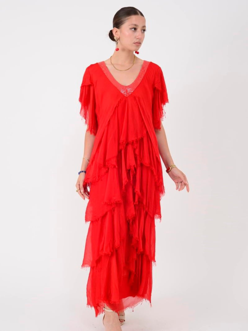 Vestido Largo en Capas Escote en V