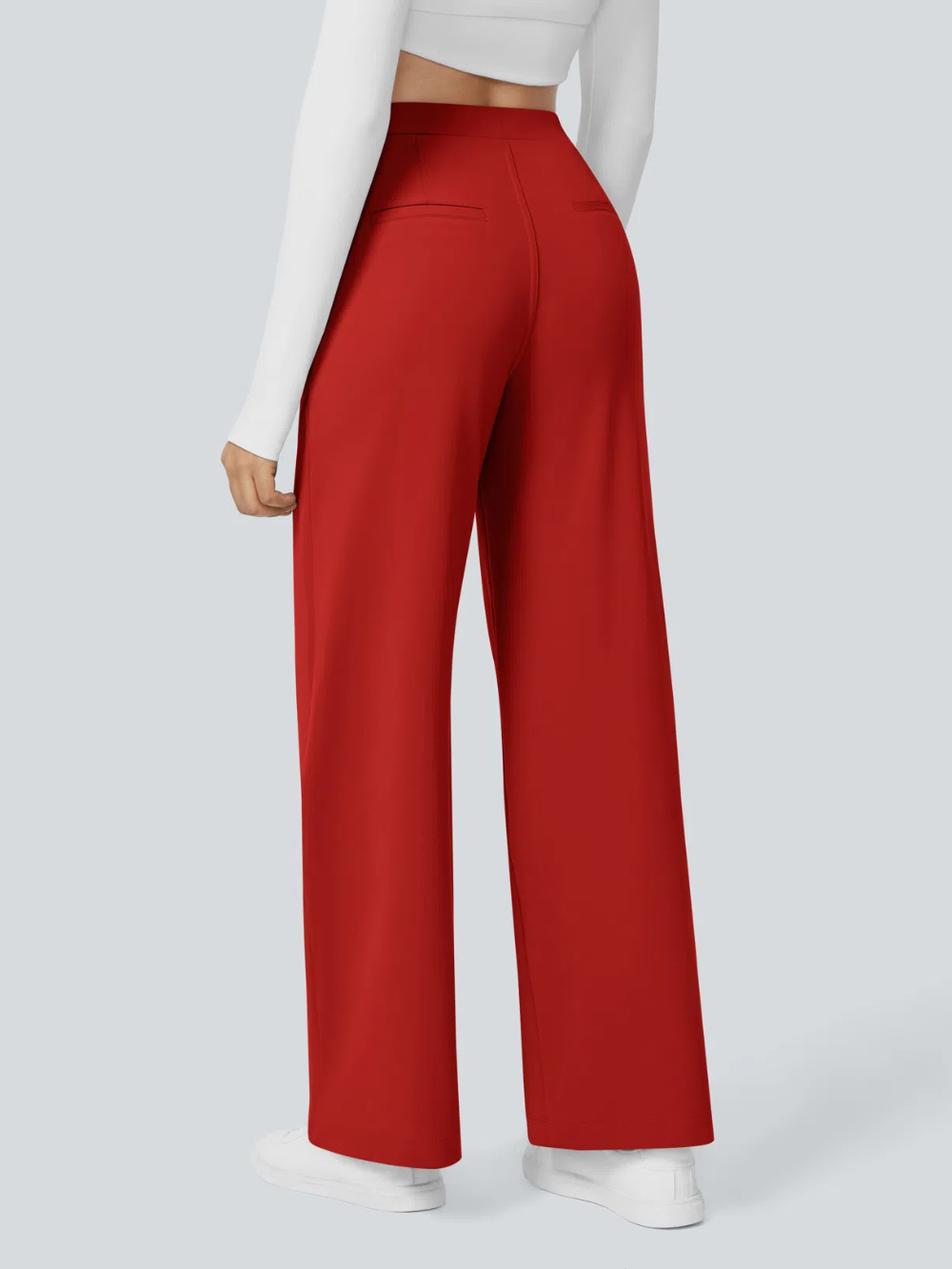 Pantalón recto elástico de tiro alto con pliegues y bolsillos laterales