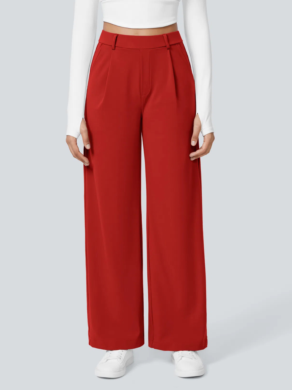 Pantalón recto elástico de tiro alto con pliegues y bolsillos laterales