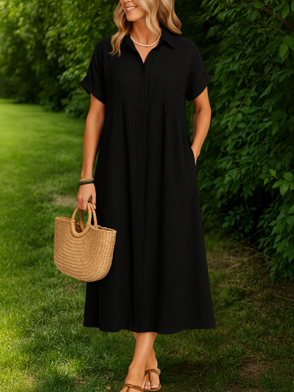 Vestido Camisero de Rayas con Solapa y Bolsillos
