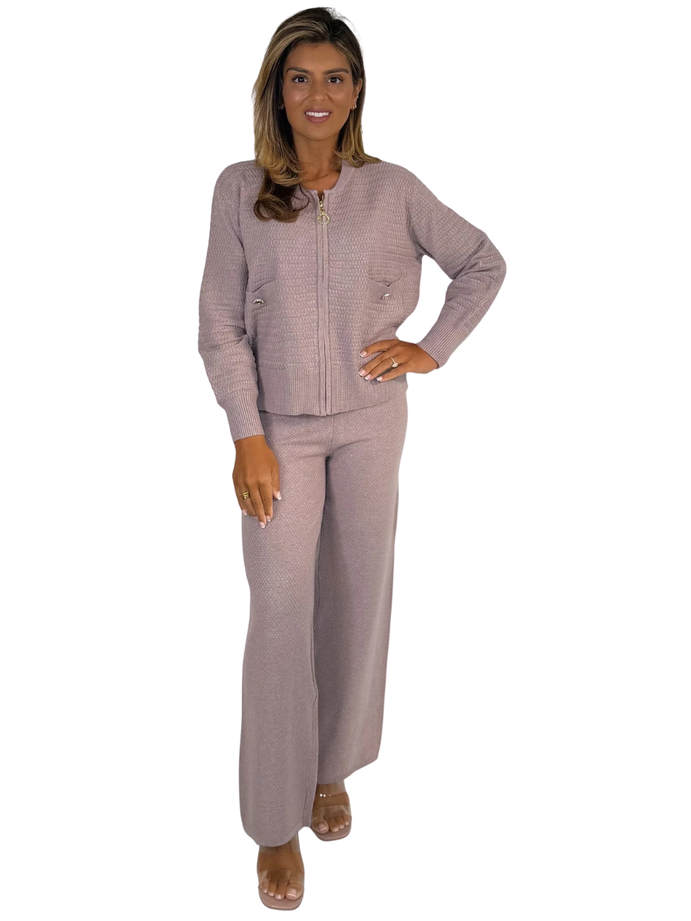 Conjunto de sudadera con cremallera y pantalón de punto