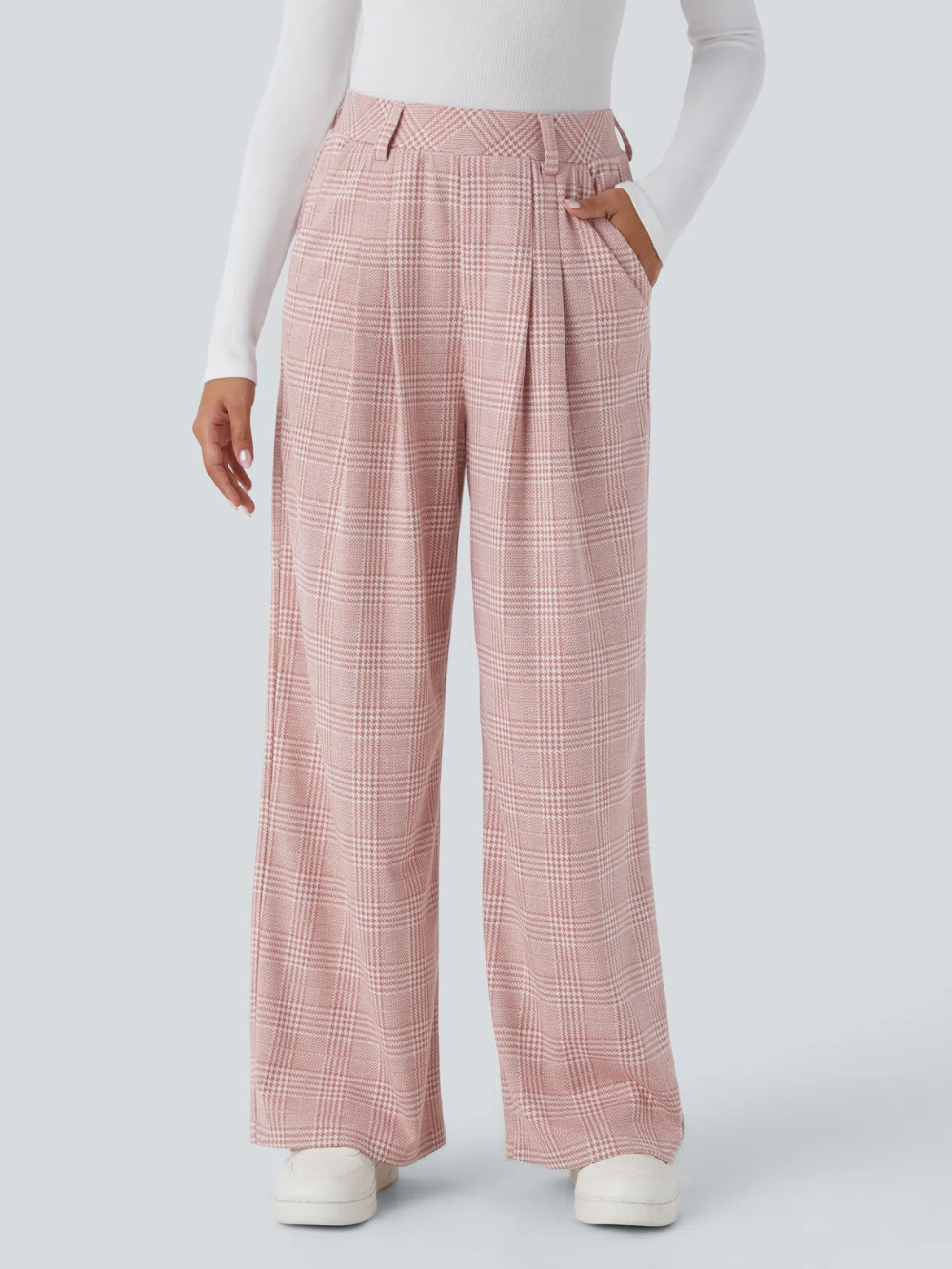 Pantalón tiro alto bolsillo lateral pierna ancha estampado pata gallo