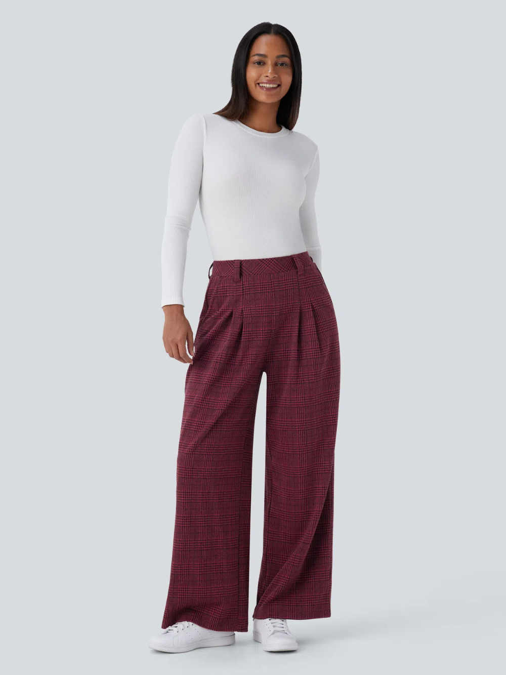 Pantalón tiro alto bolsillo lateral pierna ancha estampado pata gallo