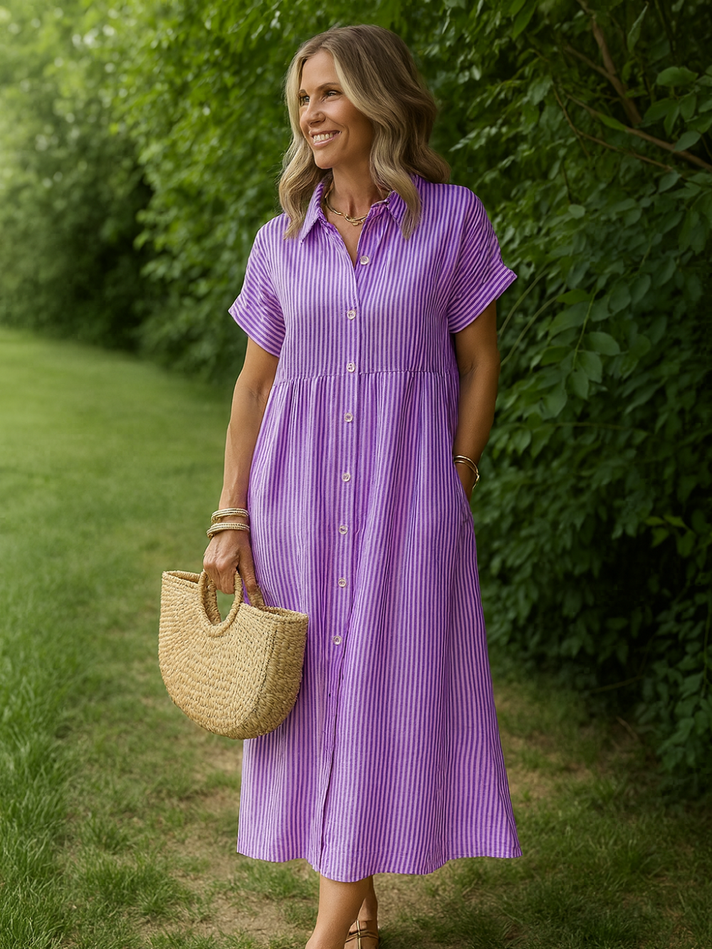 Vestido Camisero de Rayas con Solapa y Bolsillos