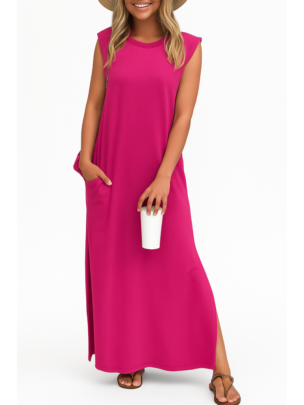 Vestido Largo con Bolsillos y Aberturas laterales