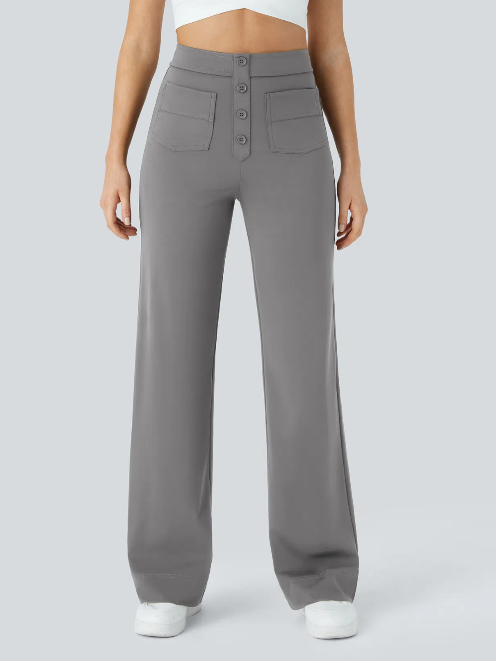 Pantalón Elástico Recto Múltiple Bolsillo Tiro Alto