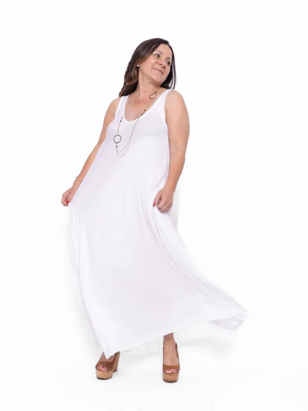 Vestido largo sin mangas elástico con corte fluido