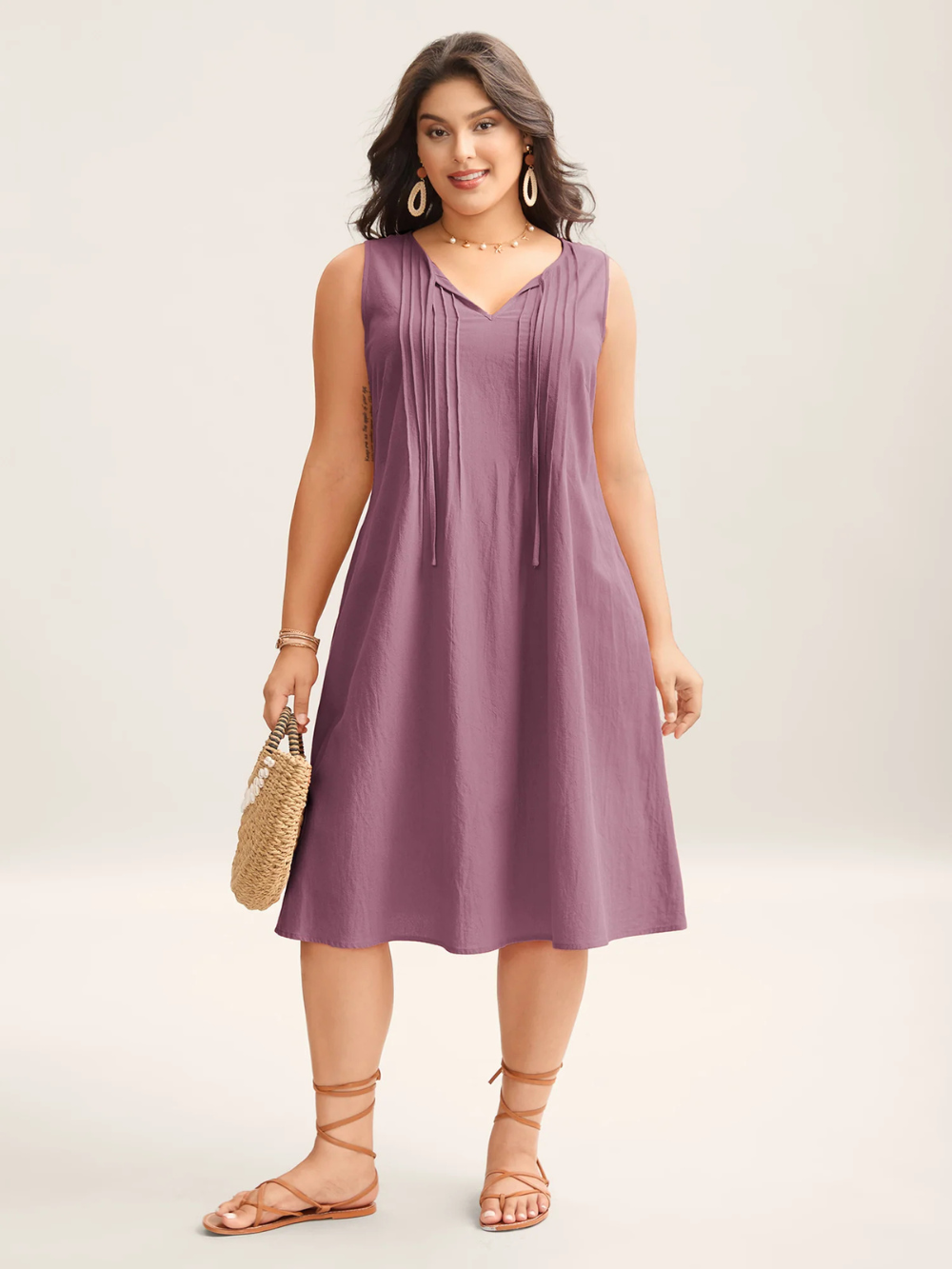 Vestido midi liso de algodón con pliegues