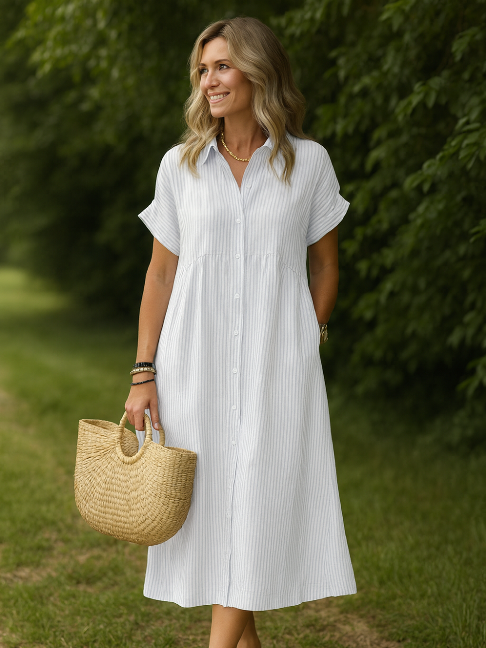 Vestido Camisero de Rayas con Solapa y Bolsillos