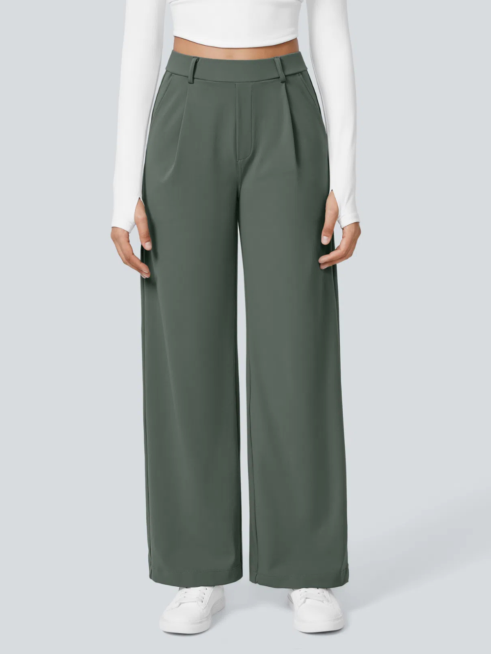 Pantalón recto elástico de tiro alto con pliegues y bolsillos laterales