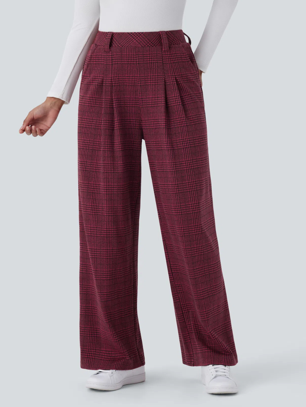 Pantalón tiro alto bolsillo lateral pierna ancha estampado pata gallo