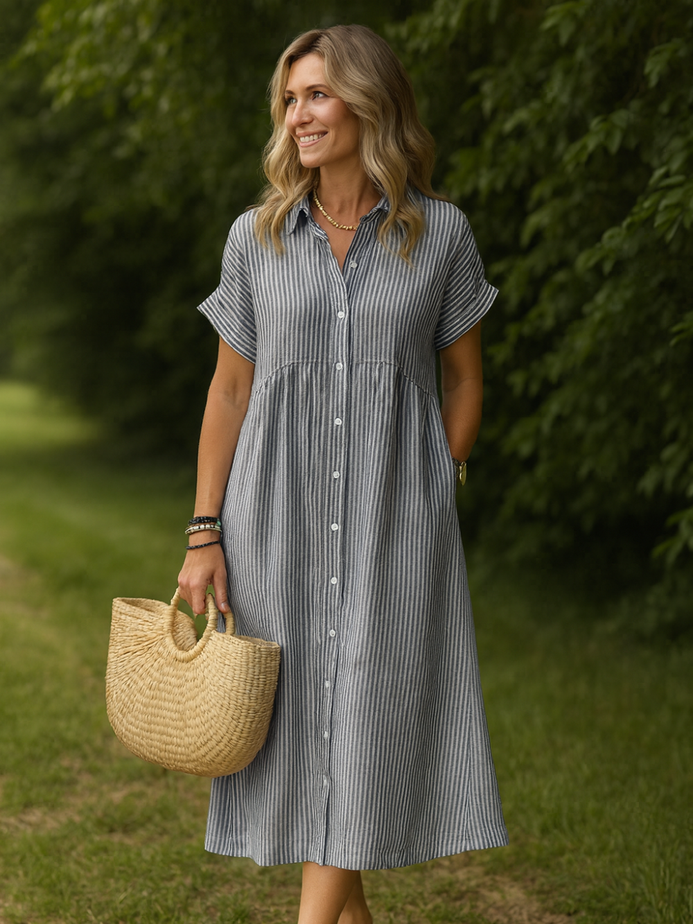 Vestido Camisero de Rayas con Solapa y Bolsillos