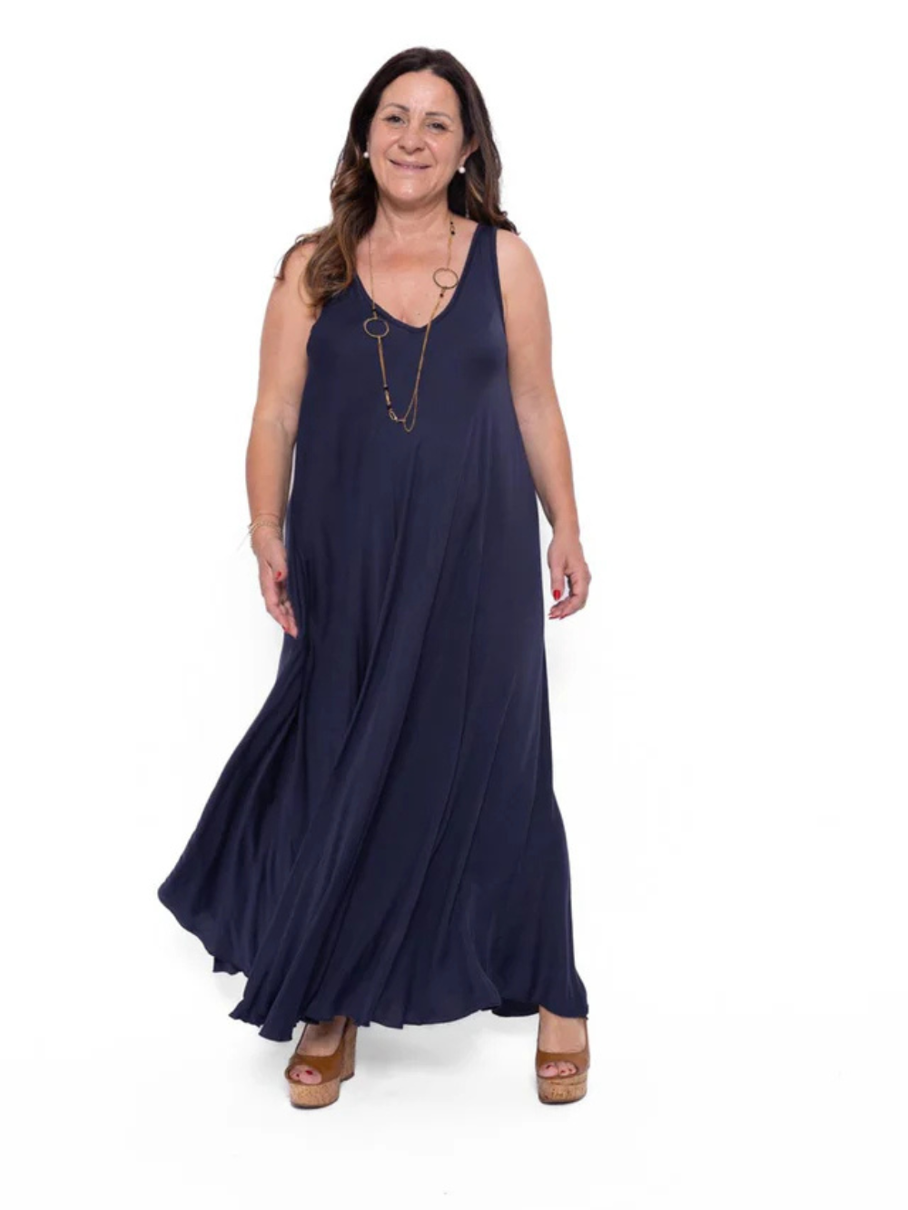 Vestido largo sin mangas elástico con corte fluido