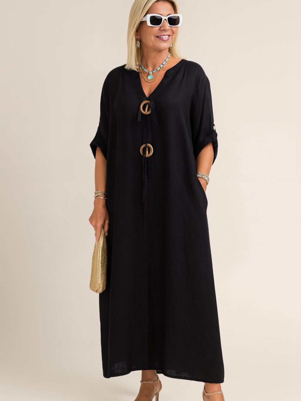 Vestido Alexa de lino con bolsillos y escote en V