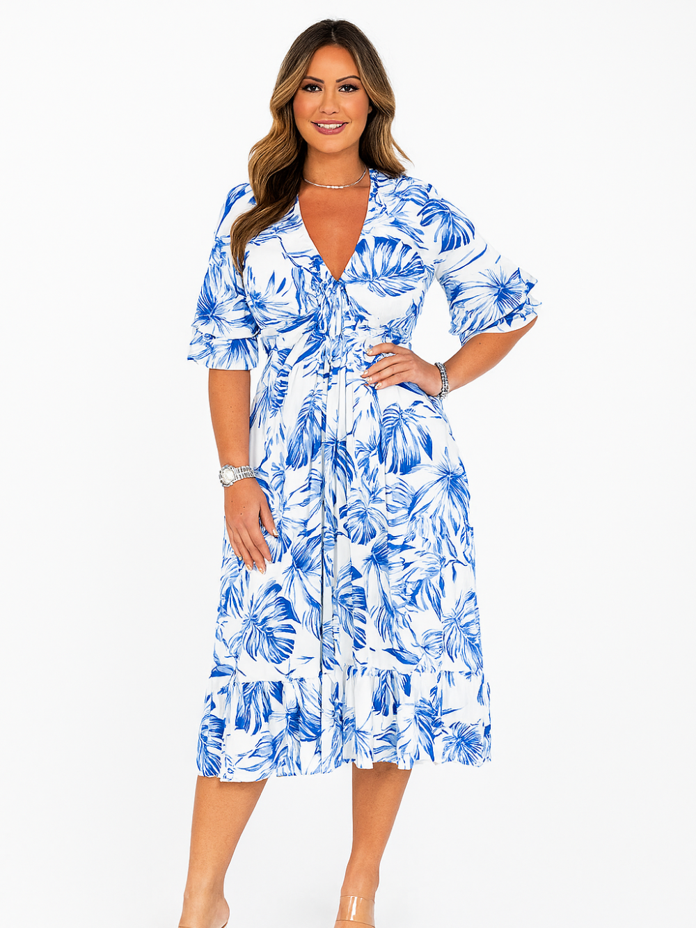 Vestido midi V-Neck Breeze con estampado botánico