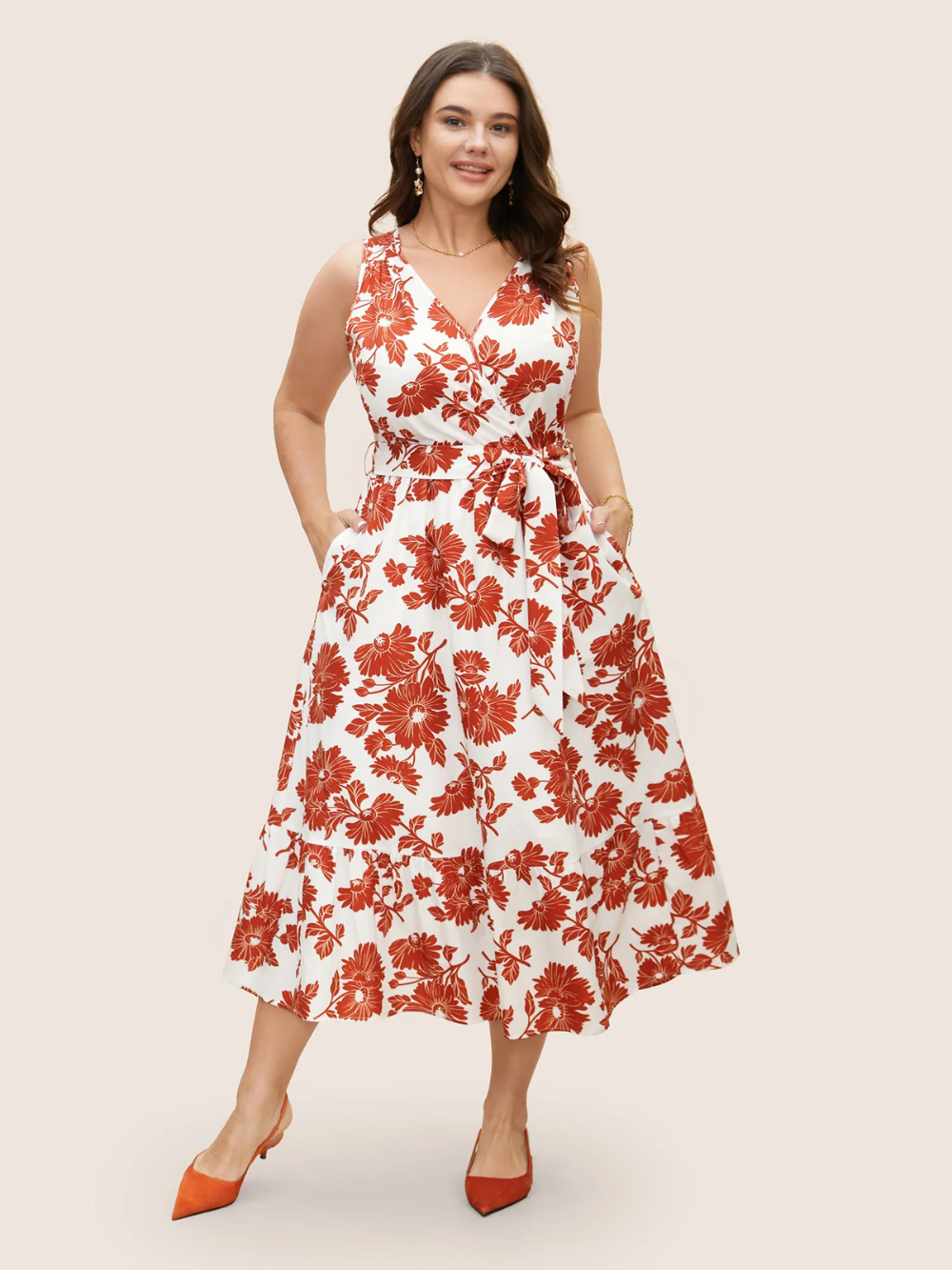 Vestido Floral sin mangas con cinturón y cuello cruzado