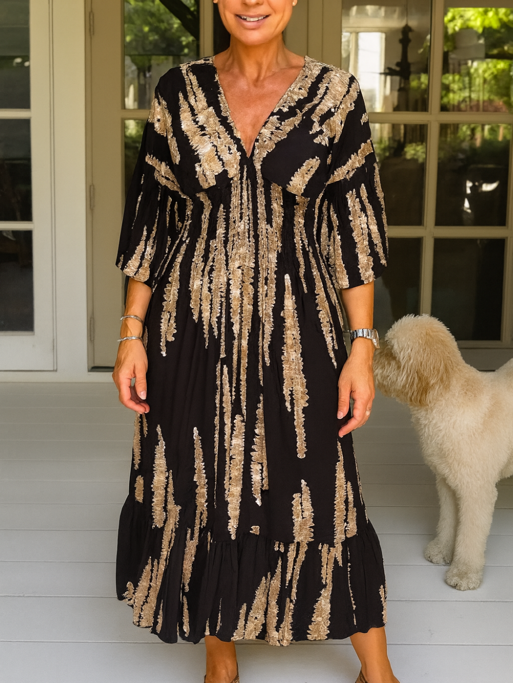 Vestido Estampado Mangas 3/4 Cuello en V