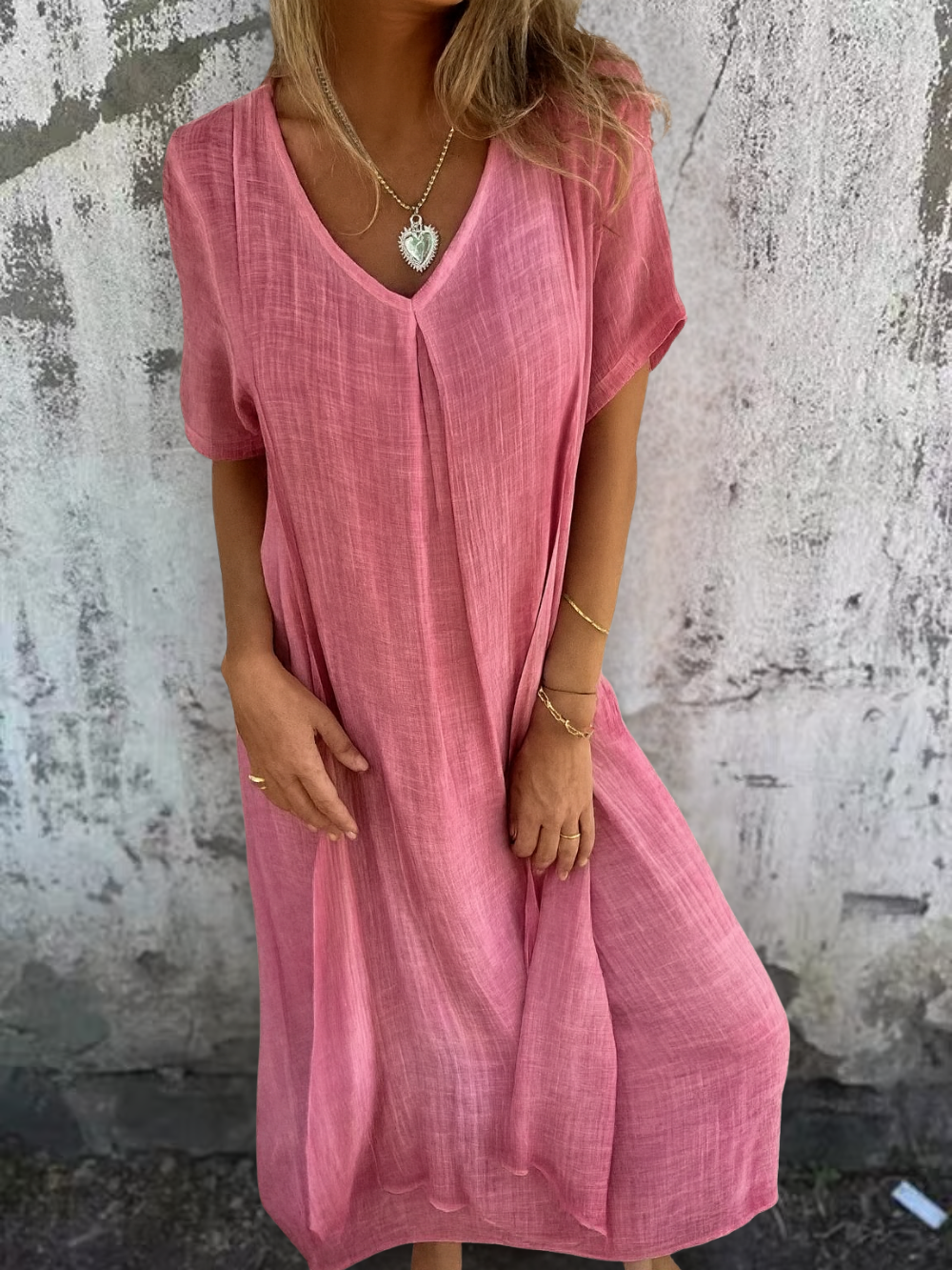 Vestido midi de algodón y lino con cuello en V