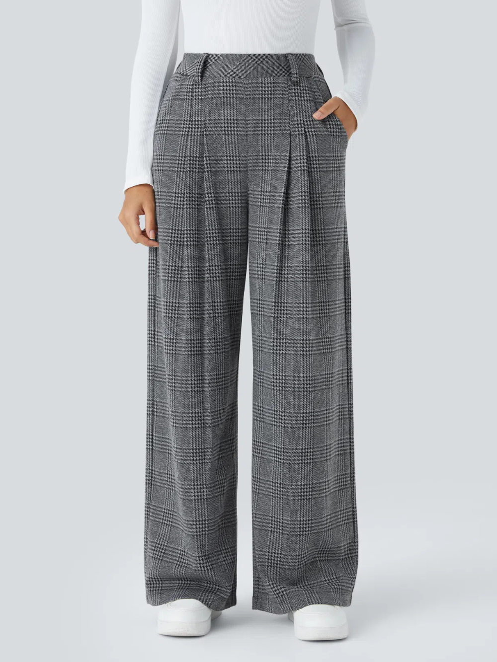 Pantalón tiro alto bolsillo lateral pierna ancha estampado pata gallo
