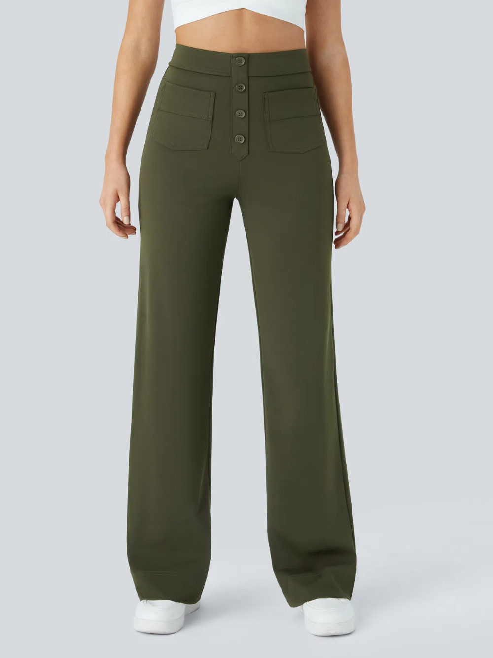 Pantalón Elástico Recto Múltiple Bolsillo Tiro Alto