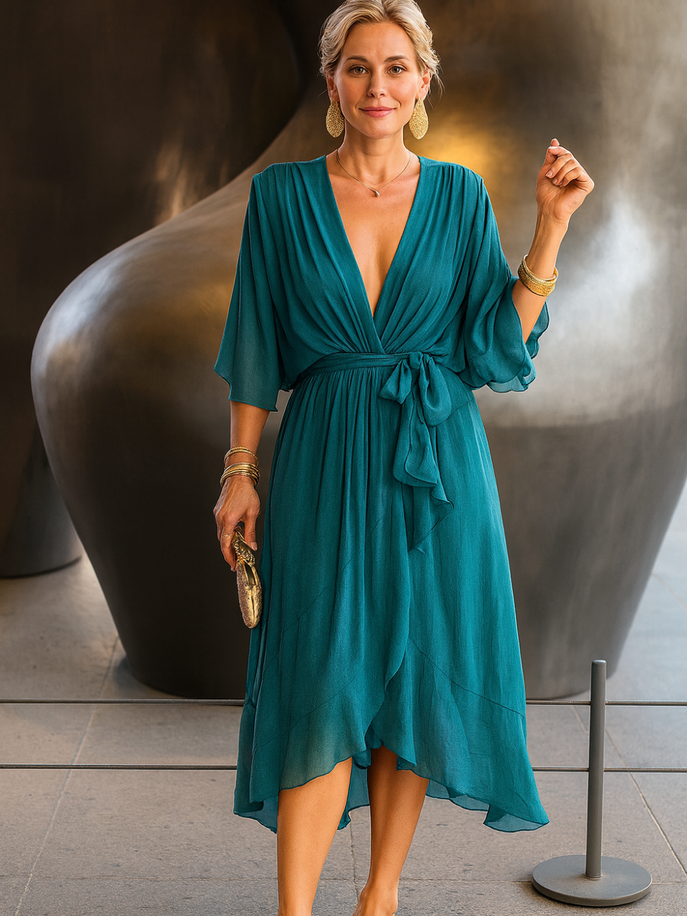 Vestido Midi Cuello en V Chiffon Cruzado