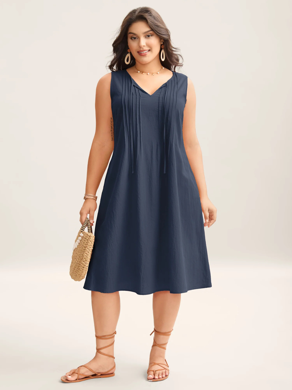 Vestido midi liso de algodón con pliegues