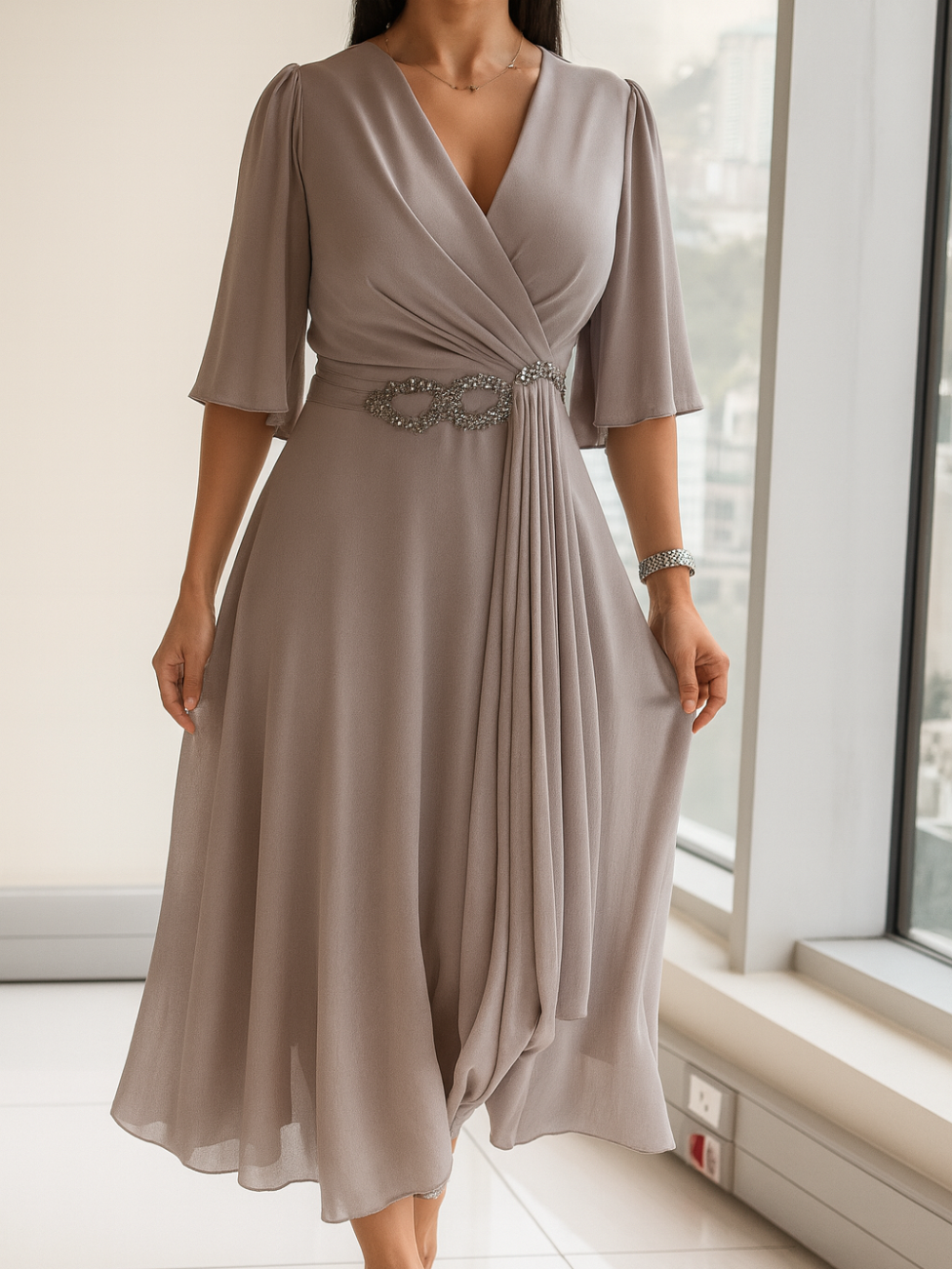 Vestido midi de gasa con escote en V y cinturón