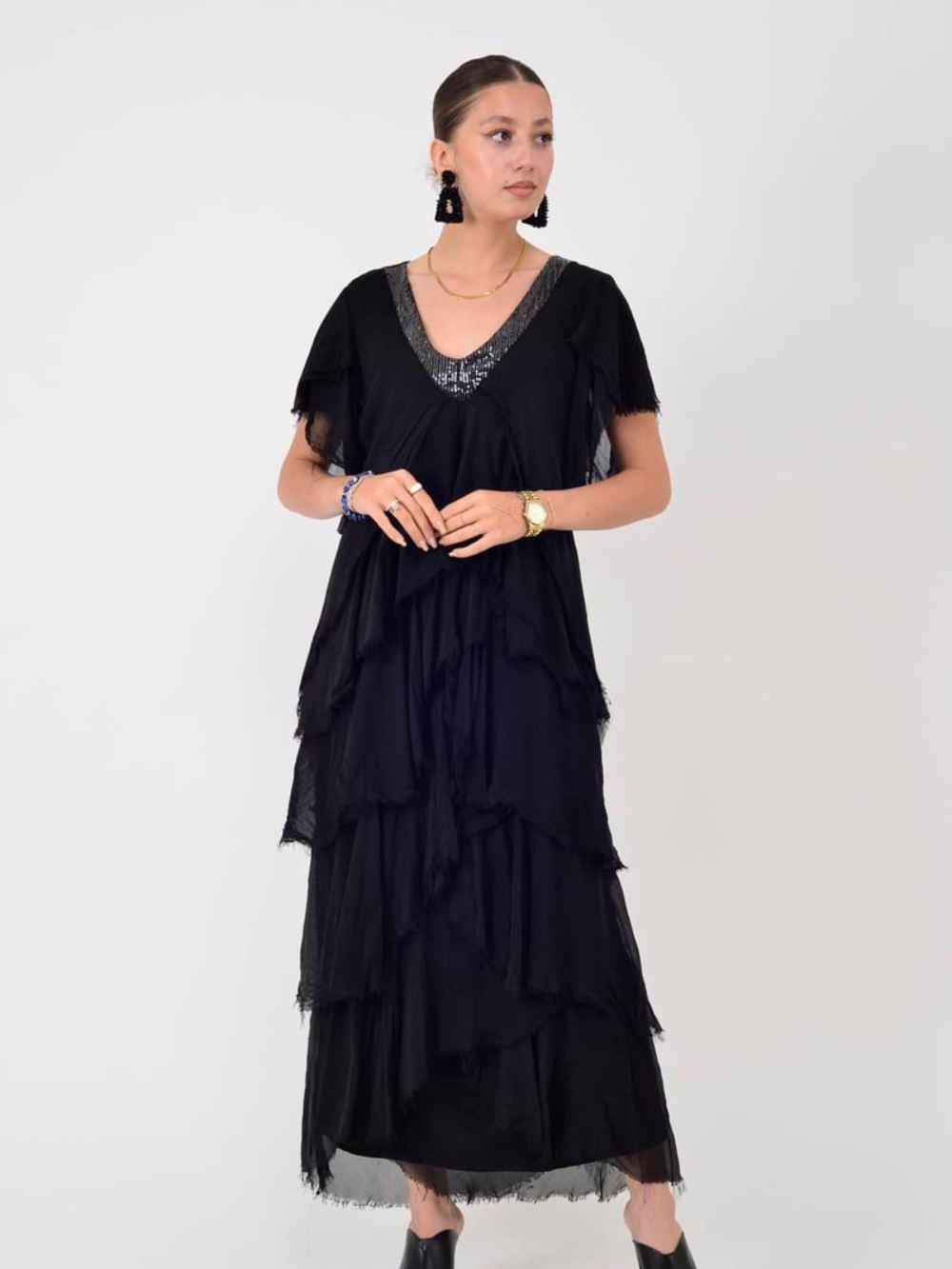 Vestido Largo en Capas Escote en V