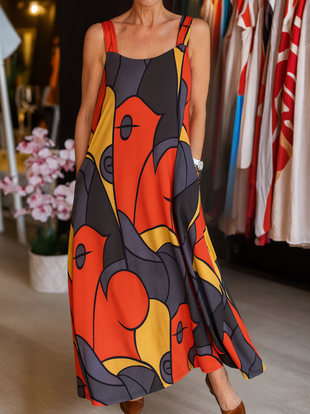 Vestido Maxi Tirantes Dobles Estampado Abstracto