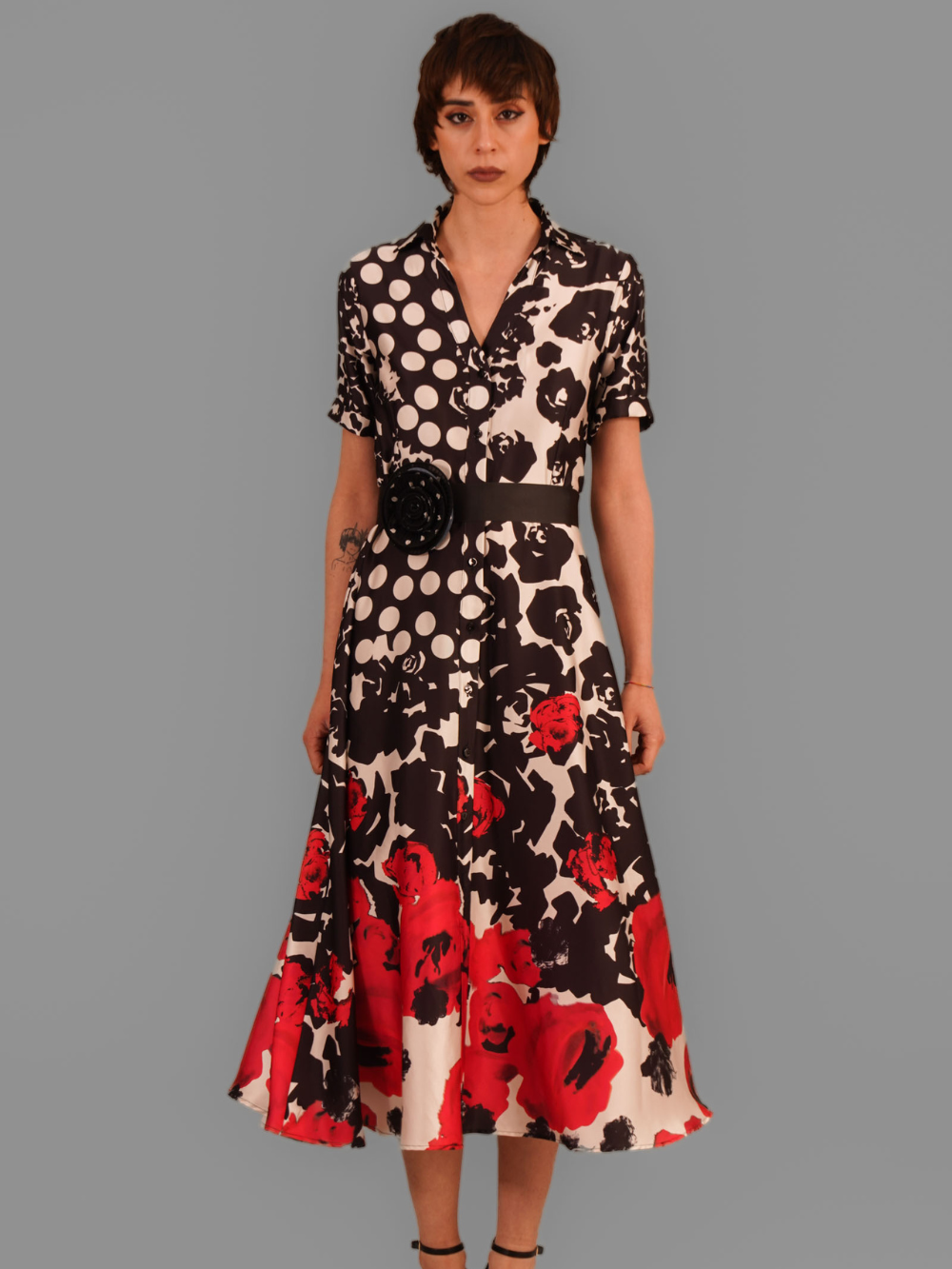 Vestido Midi Estampado Contraste