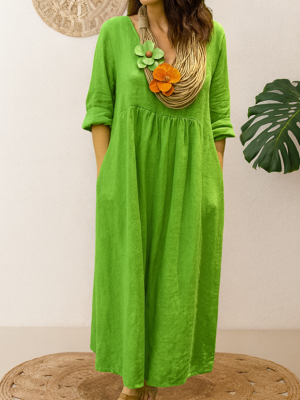 Vestido Largo de Cuello Redondo con Bolsillos (Oferta 2X1)