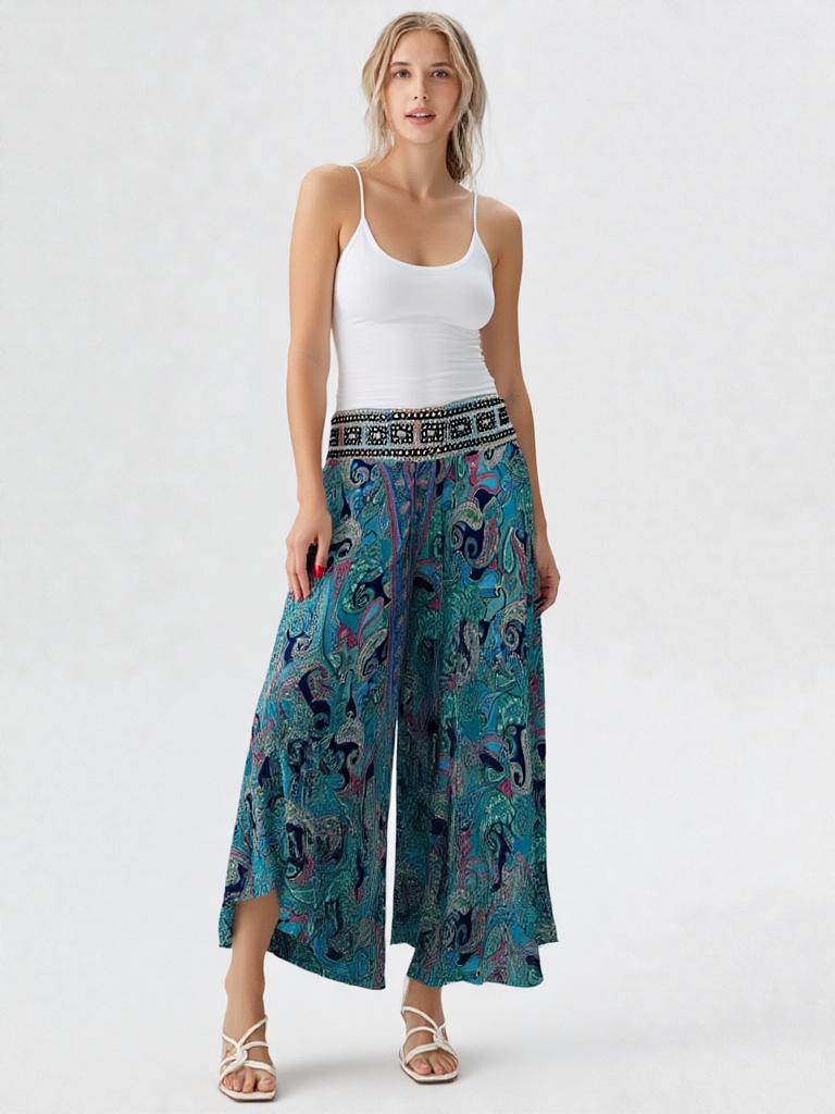 Pantalón con estampado étnico y cintura bordada